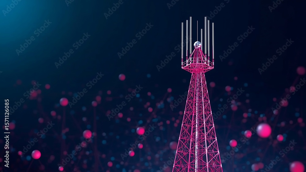 Fototapeta premium Futuristic Communication Tower with Glowing Network Lines and Digital Orbs