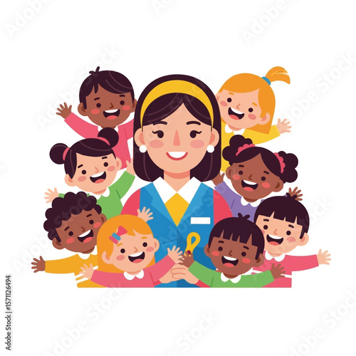 Wallpaper Mural A cheerful teacher surrounded by a group of happy children in a classroom setting. Torontodigital.ca