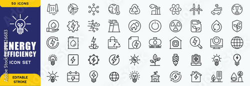 Set of 50 line icons related to energy, electrical energy, electricity. Outline icon collection. Vector illustration. Editable stroke