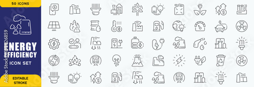 Energy Efficiency Line Editable Icons set. Vector illustration in modern thin line style of ecology related icons: energy saving light bulb, sustainability, electricity, and more