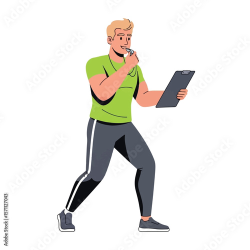 A cartoon illustration of a sports coach, holding a whistle and clipboard, ready to officiate a game.