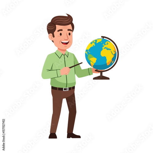 A smiling teacher pointing at a globe, demonstrating geography to students.