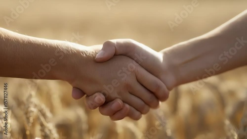 Close-Up Handshake Over Golden Wheat Field Emphasizing Trust and Partnership