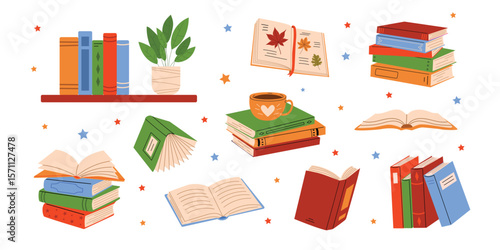 Cute vector book collection. Open and closed books, stacks, shelf. Educational theme and fall season designs. White isolated background.