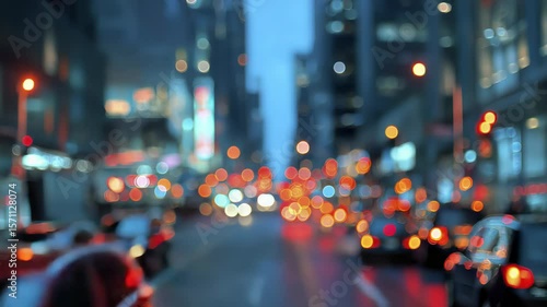 Blurry Evening Cityscape with Moving Traffic and Bright Lights