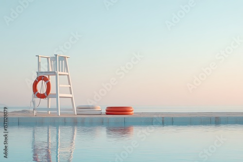 Lifeguard chair by calm pool, vibrant lifebuoys contrast serene