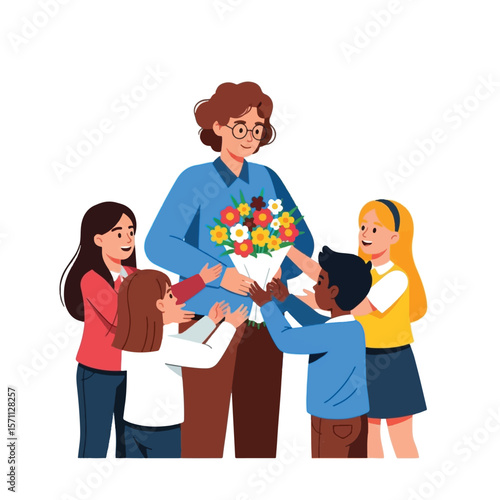 A teacher receives a bouquet of flowers from a group of happy, diverse students.