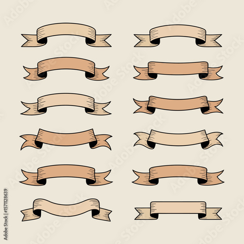 A vector set of vintage ribbon banners with curled gold frames and blank paper scrolls for decoration