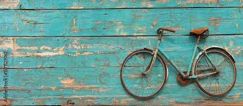 Vintage bicycle against a weathered turquoise wooden wall capturing rustic charm