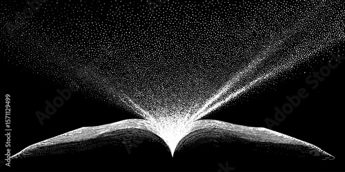 Imaginative journey: a blank book opens into the cosmos with halftone dot fill effect