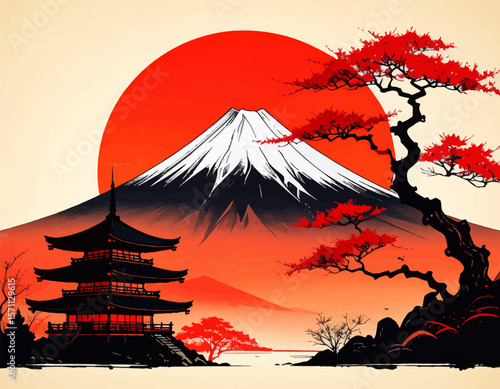 Japan sunset with Mt. Fuji and pagoda art. Red sun, Fuji mountain. Japanese landscape with red maple and temple. Traditional Japan art with sun and Fuji view. Zen mountain view with pagoda and red sky