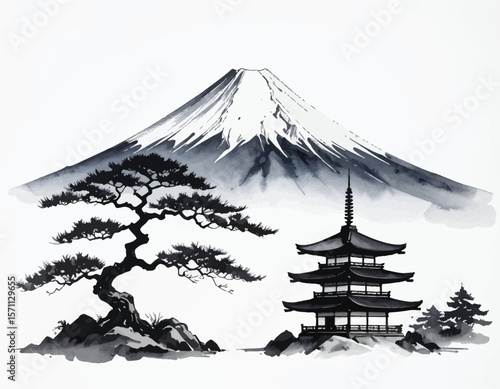 Zen Landscape with Mount Fuji. Fuji and Pine Tree Ink Drawing. Japanese Culture in Ink Painting. Mt Fuji Black and White Art. Classic Sumi-e Fuji Scene