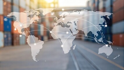 Defocused global map overlay with supply chain routes and distribution hubs
