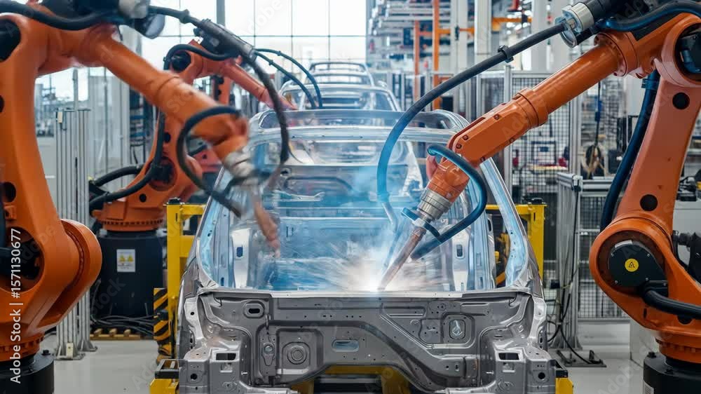 Twin Robotic Welders Operating on Car Chassis Twin Robotic Welders Operating on Car Chassis
