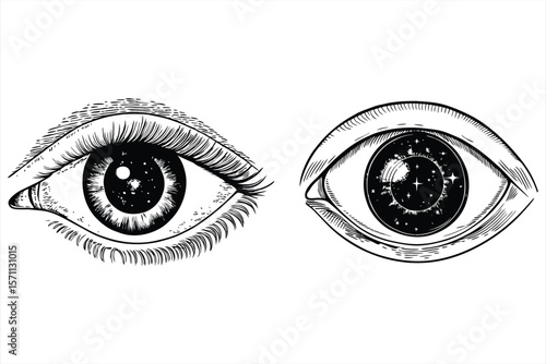 Detailed eye drawings, isolated on white background, feature celestial and cosmic elements in a vintage engraving style