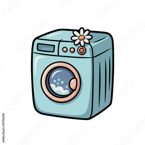 Cartoon washing machine with flower decoration in pastel colors on a white background in a minimalist, cartoonish style