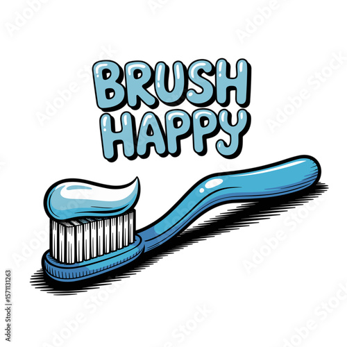 Cartoon toothbrush with toothpaste and "Brush Happy" text on white background