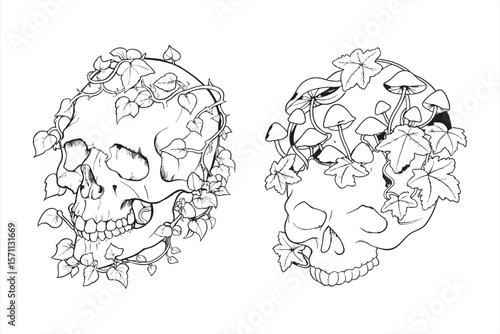 Skulls are adorned with ivy and mushrooms, isolated on white background, creating a macabre yet botanical illustration