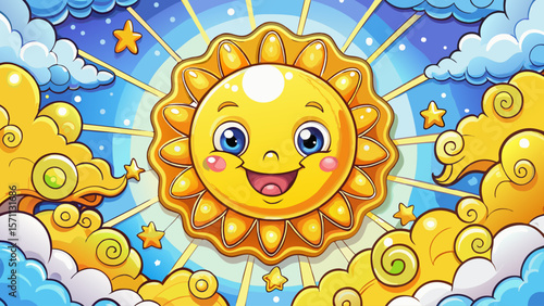 Cute Sun and Cloud Cartoon Illustration