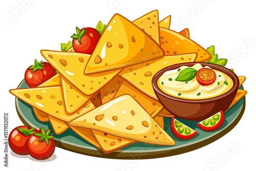 vector of Delicious crispy cheesy nachos with yellow cream cheese, pinot wedges and tomatoes. Delicious tortilla chips snack or appetizer...