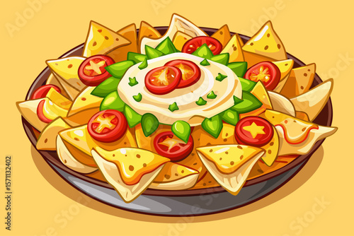 vector of Delicious crispy cheesy nachos with yellow cream cheese, pinot wedges and tomatoes. Delicious tortilla chips snack or appetizer...