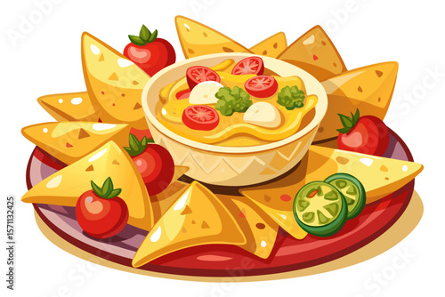 vector of Delicious crispy cheesy nachos with yellow cream cheese, pinot wedges and tomatoes. Delicious tortilla chips snack or appetizer...