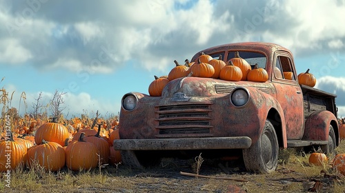 An old truck, full of pumpkins, sits in the pumpkin patch