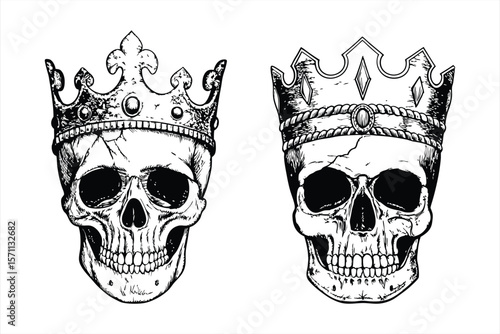 Skulls are wearing ornate crowns, isolated on white background, representing the fleeting nature of power and the inevitability of death