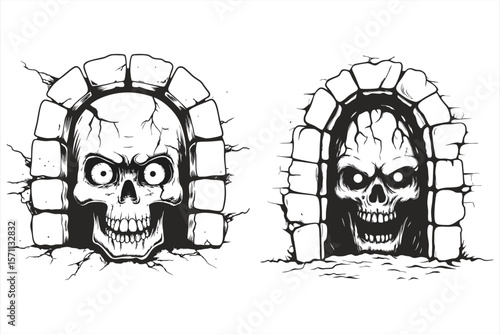 Skulls are framed by rough stone arches, isolated on white background, creating a chilling and macabre gothic illustration