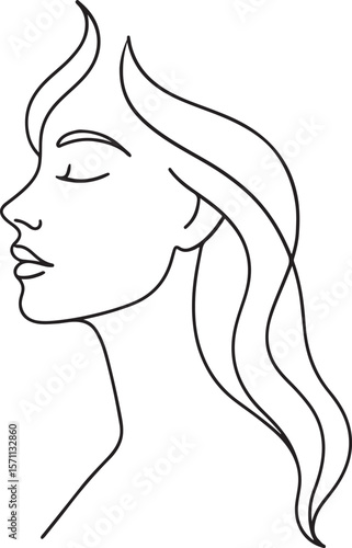 Beautiful vector illustration of a long-haired woman's face, a stylish profile sketch emphasizing her flowing hair and glamorous beauty