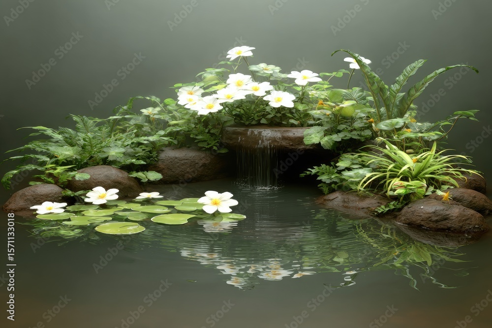 Naklejka premium Peaceful, tranquil water garden scene with white flowers and rocks