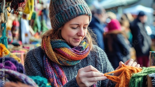 A woman knitting handmade scarves at a local craft fair, surrounded by her finished creations.