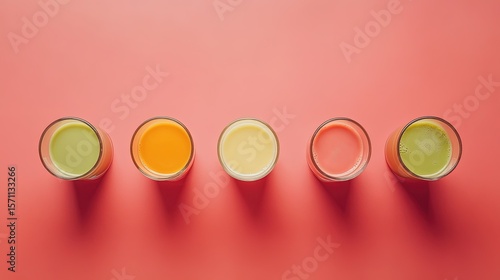 mixed colors smoothies, different glass shapes, food photography, minimalistic vintage setup on pale red background, green, orange and white color fusion