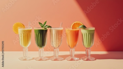 mixed colors smoothies, different glass shapes, food photography, minimalistic vintage setup on pale red background, green, orange and white color fusion
