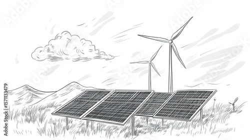 Hand drawn sketch of solar panels and wind turbines representing alternative energy sources in a vector illustration design