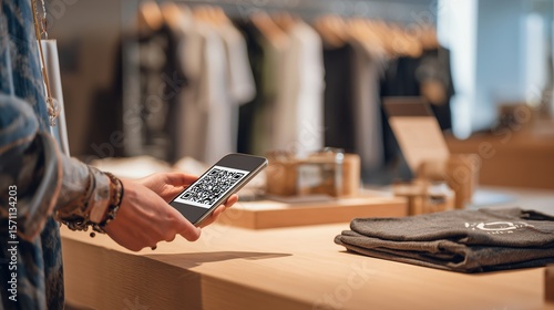 Close-up of a shopper scanning a QR code to pay for clothes at a modern boutique counter