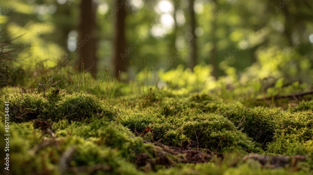 Naklejka premium The vibrant moss covering the forest floor in gentle sunlight.