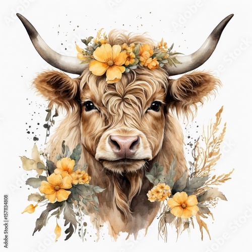 Highland cow adorned with flowers showcasing beauty in nature's artistry during a serene day