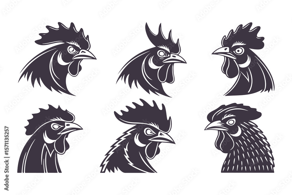 Fototapeta premium Set of Rooster Head Vector Illustrations in Black and White. Stylized Farm Animal Icons for Logos, Labels, and Retro Design Projects