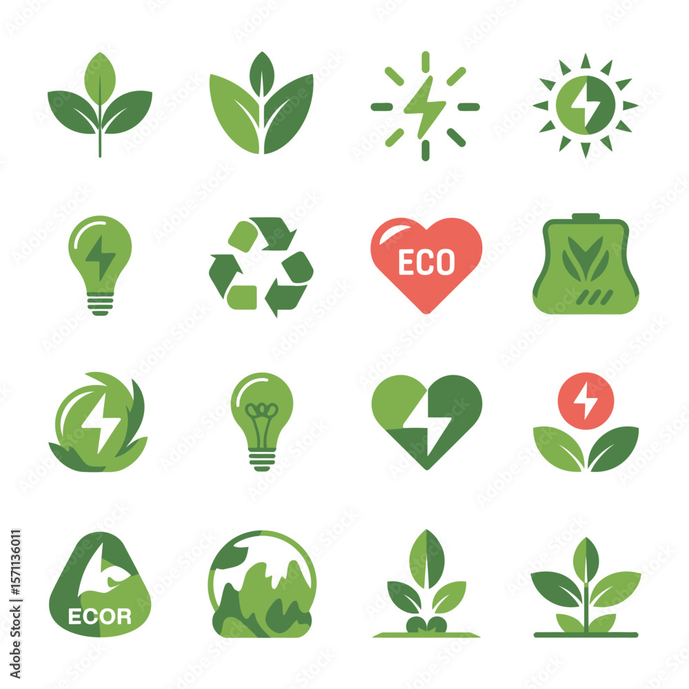 Obraz premium Modern Eco Energy & Sustainability Icon Set – Green Technology, Renewable Power & Environmental Symbols