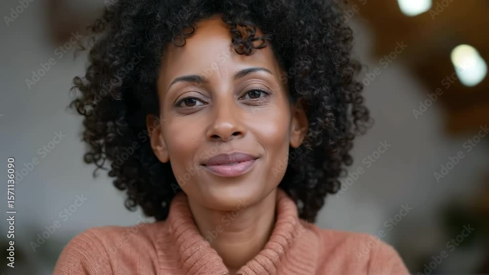 Woman smiling and engaging with camera in cozy indoor setting with warm lighting Woman smiling and engaging with camera in cozy indoor setting with warm lighting