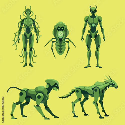 set minimalist geometric flat vector design of biomechanical style robots