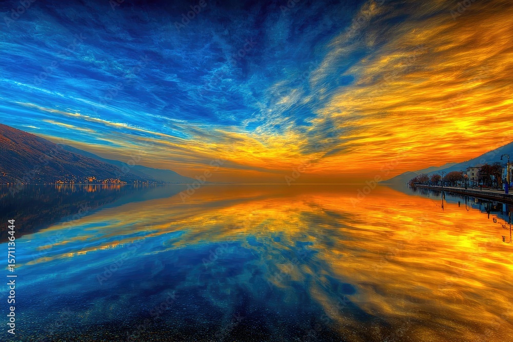 Obraz premium Vibrant sunset reflecting on a still lake, dramatic clouds
