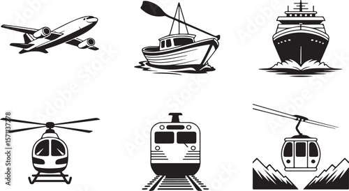 "Set of Black and White Transportation Icons"