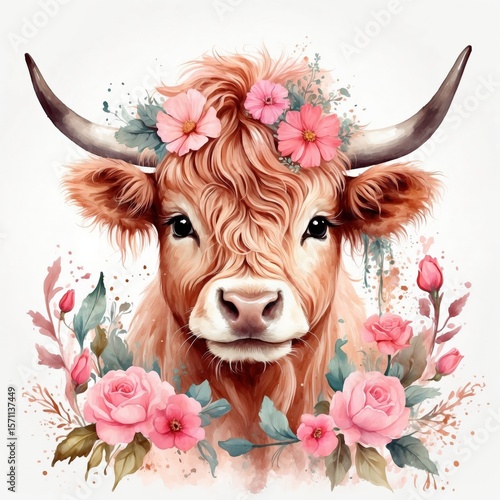 Cute highland cow adorned with flowers surrounded by blooming roses and greenery in a colorful design
