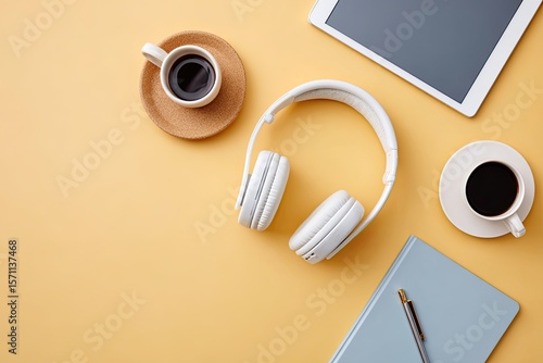 Modern workspace setup featuring headphones, coffee, and tablet