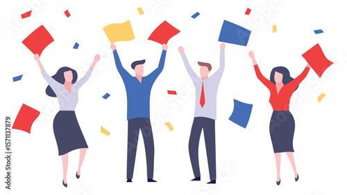 Illustration of four people celebrating with confetti and raised arms in a joyful atmosphere scene