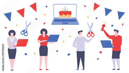 People celebrating with laptops, confetti, cake on screen, scissors and party popper in festive setting