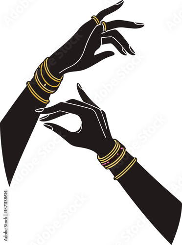 Elegant silhouetted hands adorned with gold bangles and rings in stylish illustration