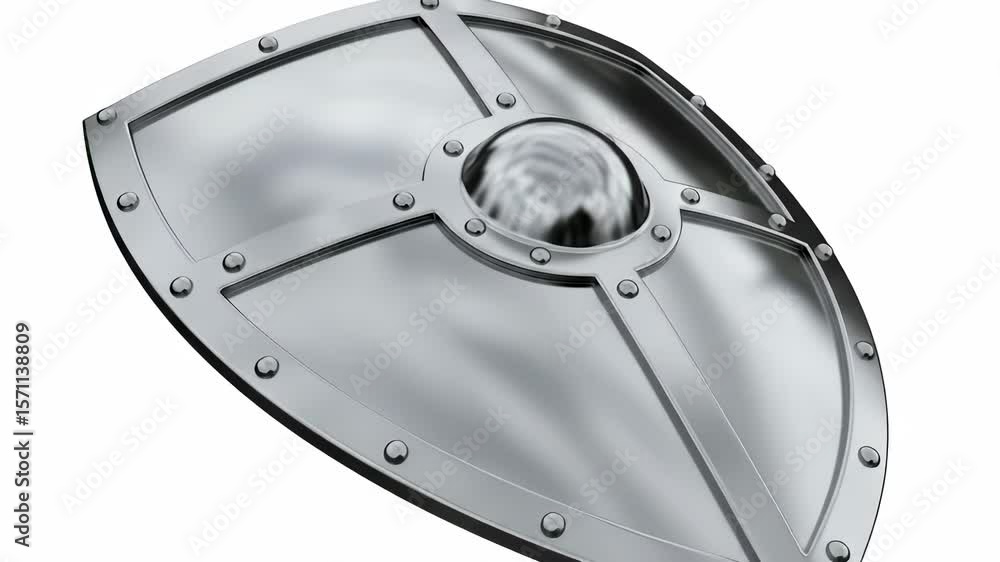 metallic silver medieval shield rotates slowly on a clean white background showcasing its intricate . metallic silver medieval shield rotates slowly on a clean white background showcasing its intricate .